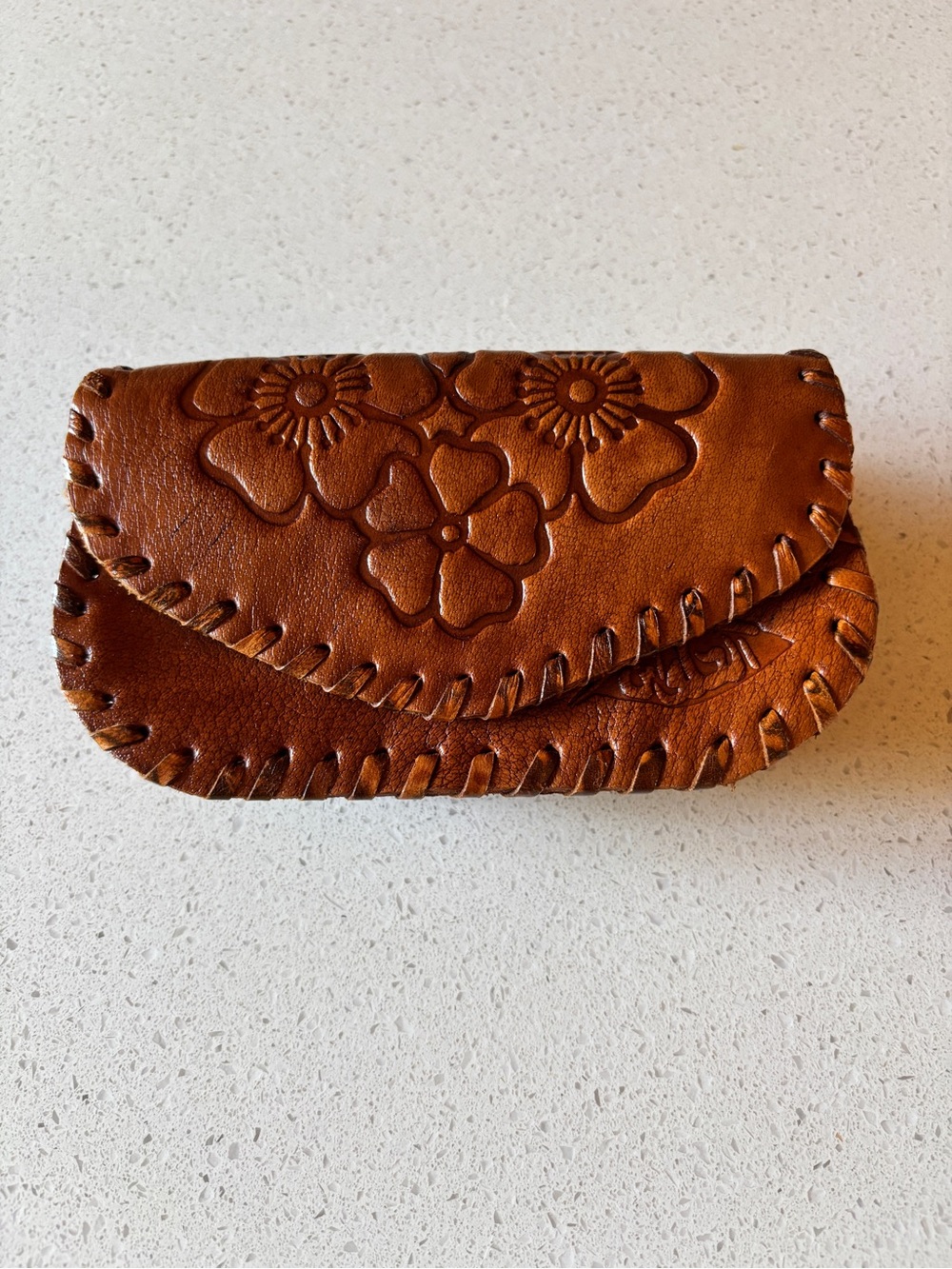 Vintage Hand Tooled Leather Floral Clutch Boho Western